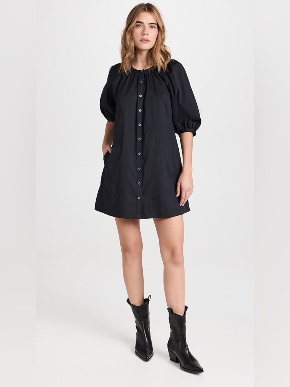 J. Crew Black Poplin Button-Down Puff Sleeve Mini Dress Small Petite